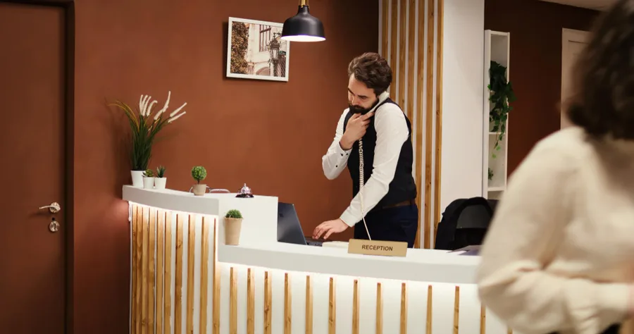 Recepcjonista hotelowy rozmawiający przez telefon przy ladzie recepcyjnej